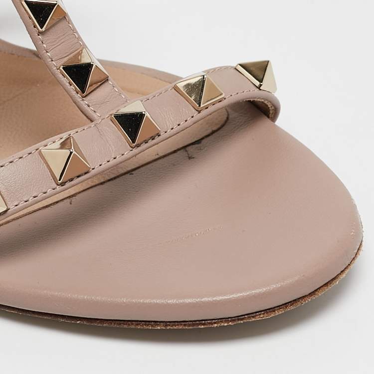 Pre Owned Valentino Beige Leather Rockstud Ankle Strap Sandals Size 37.5