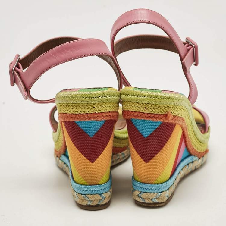 Pre Owned Valentino Pink Leather And Multicolor Chevron Wedge Ankle Strap Sandals Size 36