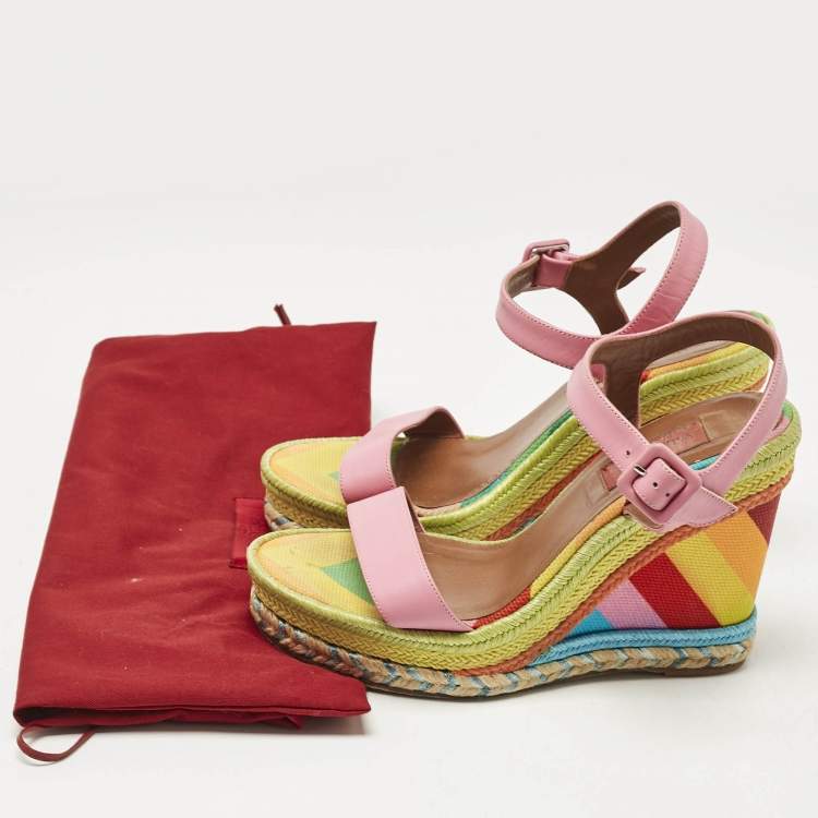 Pre Owned Valentino Pink Leather And Multicolor Chevron Wedge Ankle Strap Sandals Size 36