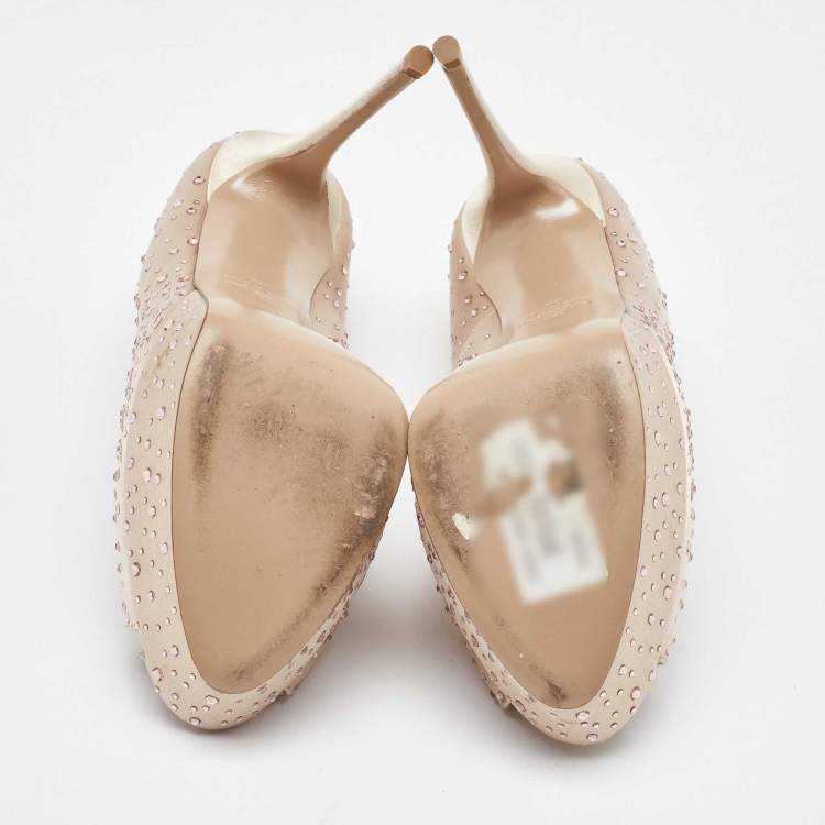Pre Owned Valentino Beige Crystal Embellished Satin Peep Toe Platform Pumps Size 40