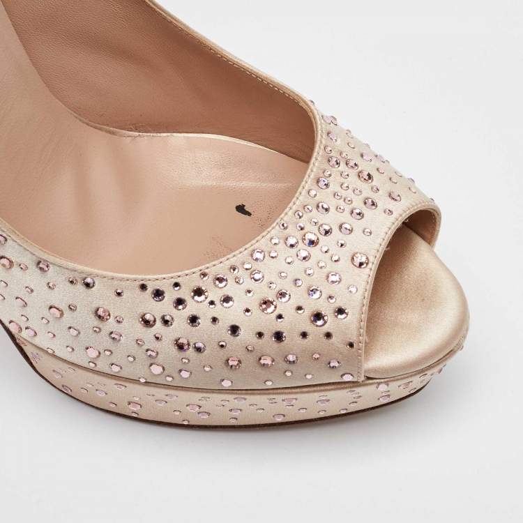 Pre Owned Valentino Beige Crystal Embellished Satin Peep Toe Platform Pumps Size 40