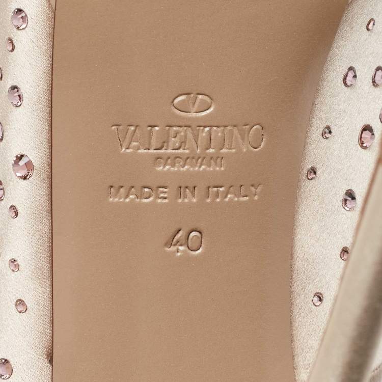 Pre Owned Valentino Beige Crystal Embellished Satin Peep Toe Platform Pumps Size 40