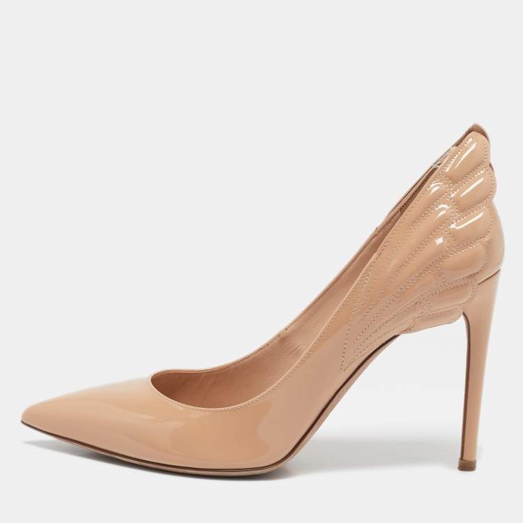 Pre Owned Valentino Beige Patent Leather Wings Detail Pointed Toe Pumps Size 38.5