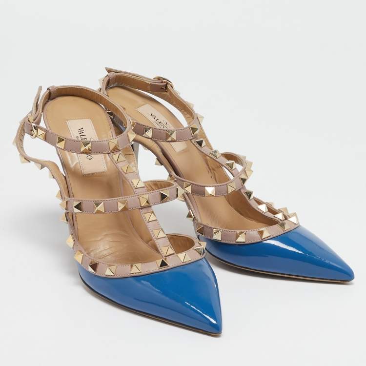 Pre Owned Valentino Blue/Beige Patent and Leather Caged Rockstud  Ankle Strap Pumps Size 39