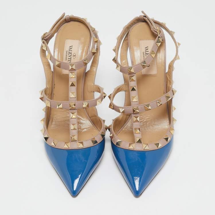 Pre Owned Valentino Blue/Beige Patent and Leather Caged Rockstud  Ankle Strap Pumps Size 39