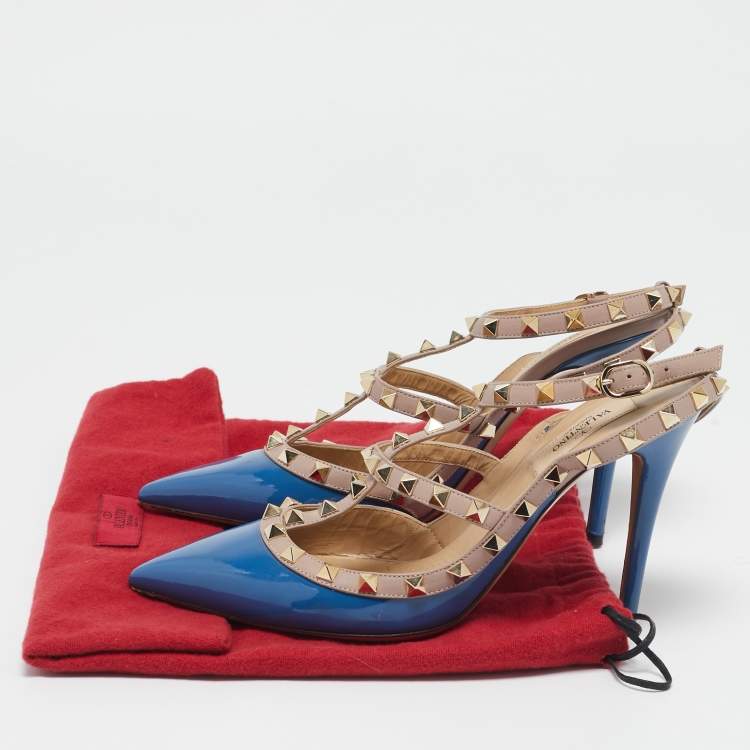 Pre Owned Valentino Blue/Beige Patent and Leather Caged Rockstud  Ankle Strap Pumps Size 39