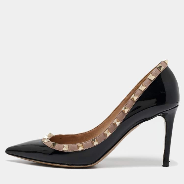 Pre Owned Valentino Black/Beige Leather and Patent Rockstud Pointed Toe Pumps Size 39