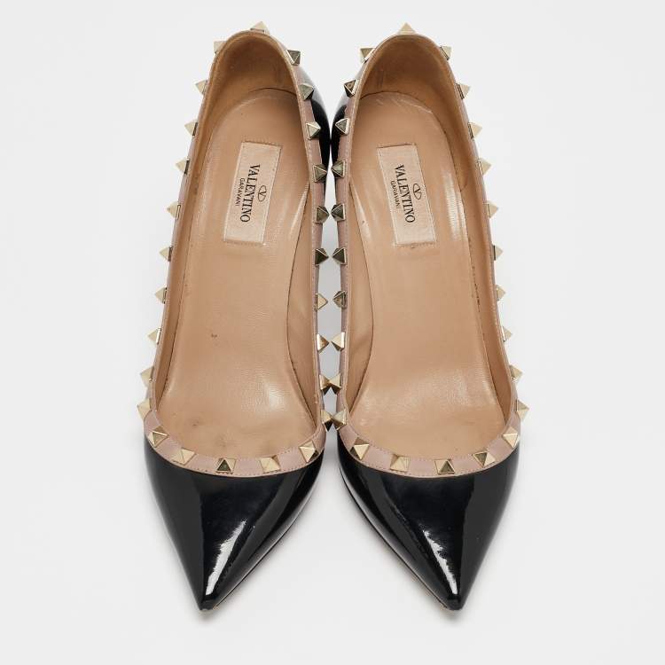 Pre Owned Valentino Black/Beige Leather and Patent Rockstud Pointed Toe Pumps Size 39