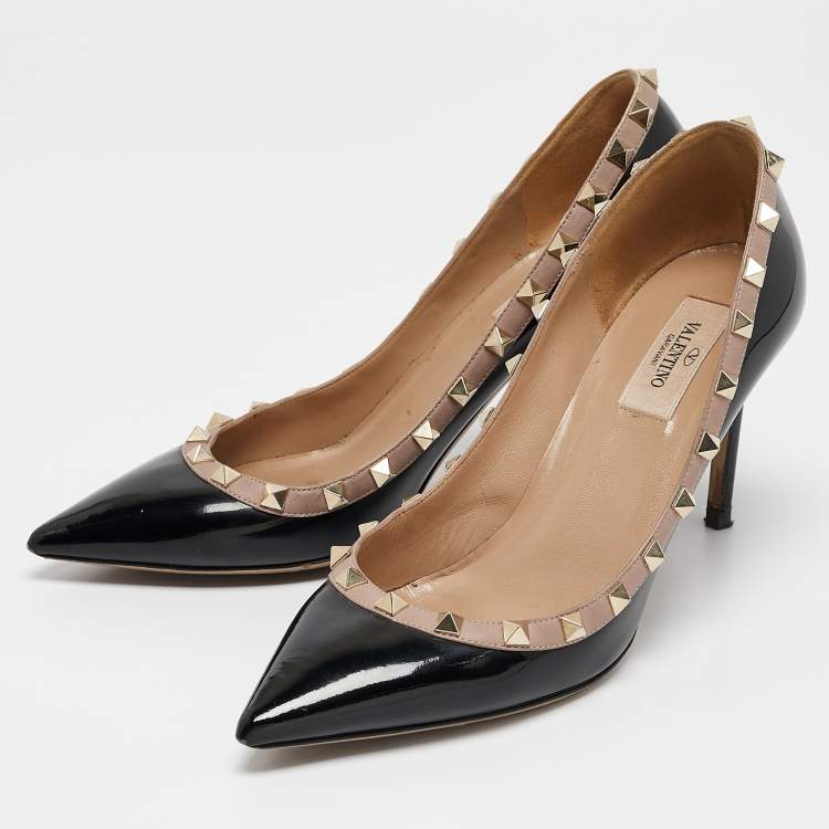 Pre Owned Valentino Black/Beige Leather and Patent Rockstud Pointed Toe Pumps Size 39