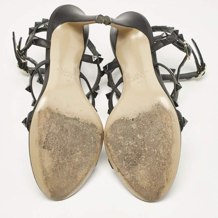 Pre Owned Valentino Black Leather Rockstud Cage Sandals Size 38