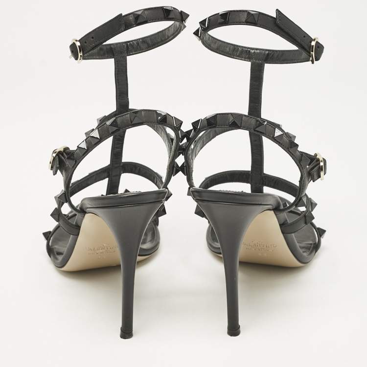 Pre Owned Valentino Black Leather Rockstud Cage Sandals Size 38