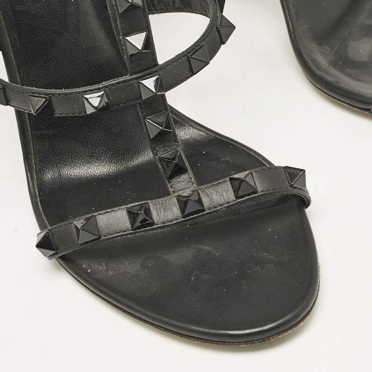 Pre Owned Valentino Black Leather Rockstud Cage Sandals Size 38