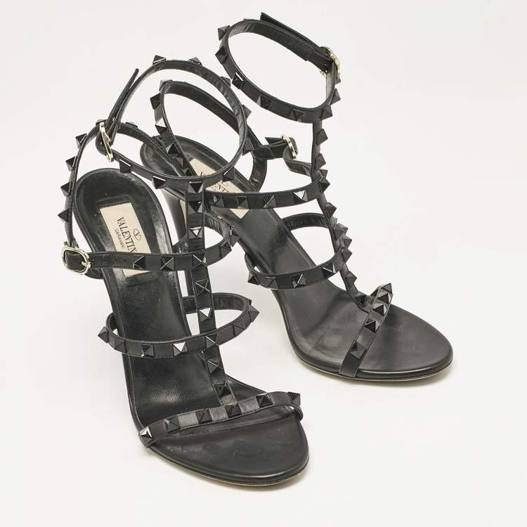 Pre Owned Valentino Black Leather Rockstud Cage Sandals Size 38