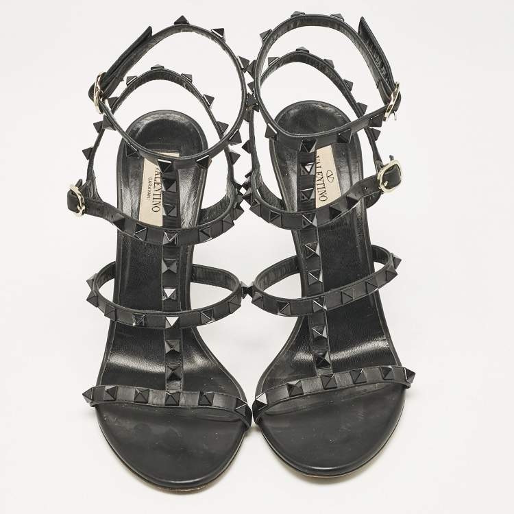 Pre Owned Valentino Black Leather Rockstud Cage Sandals Size 38