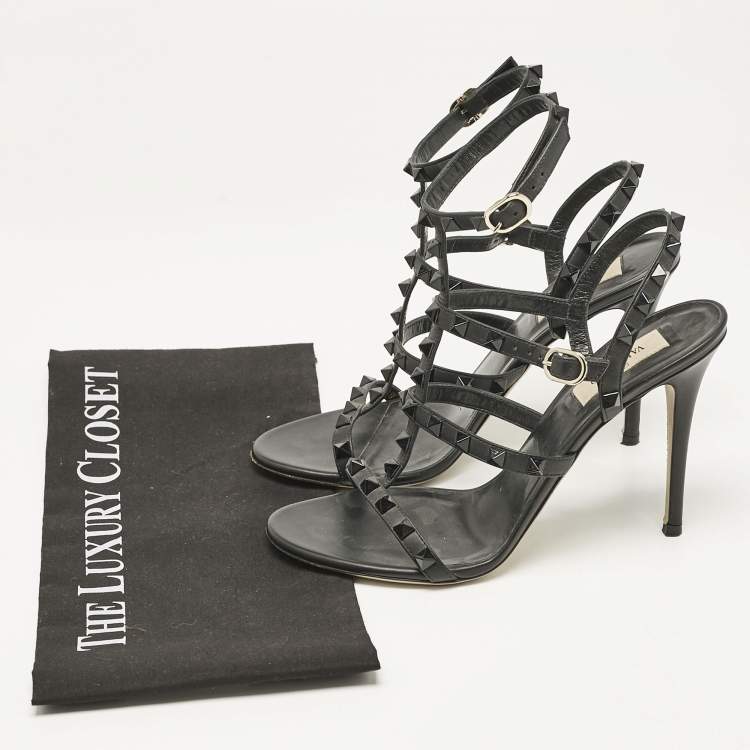 Pre Owned Valentino Black Leather Rockstud Cage Sandals Size 38