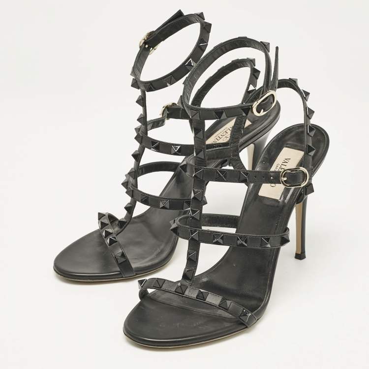 Pre Owned Valentino Black Leather Rockstud Cage Sandals Size 38