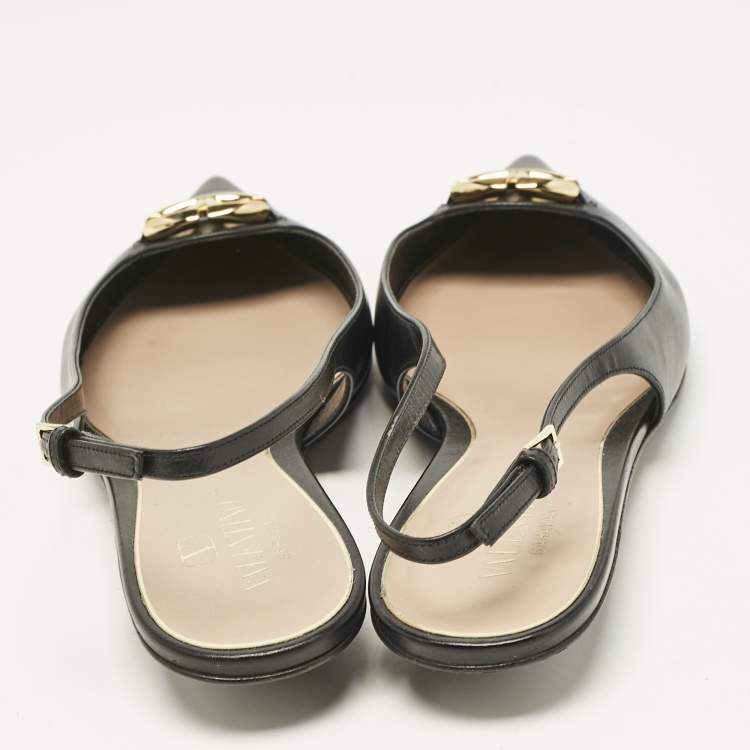 Pre Owned Valentino Black Leather V Logo Pointed Toe Slingback Flat Sandals Size 40