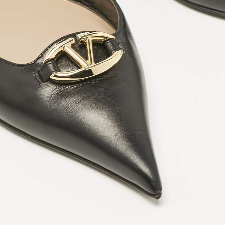 Pre Owned Valentino Black Leather V Logo Pointed Toe Slingback Flat Sandals Size 40