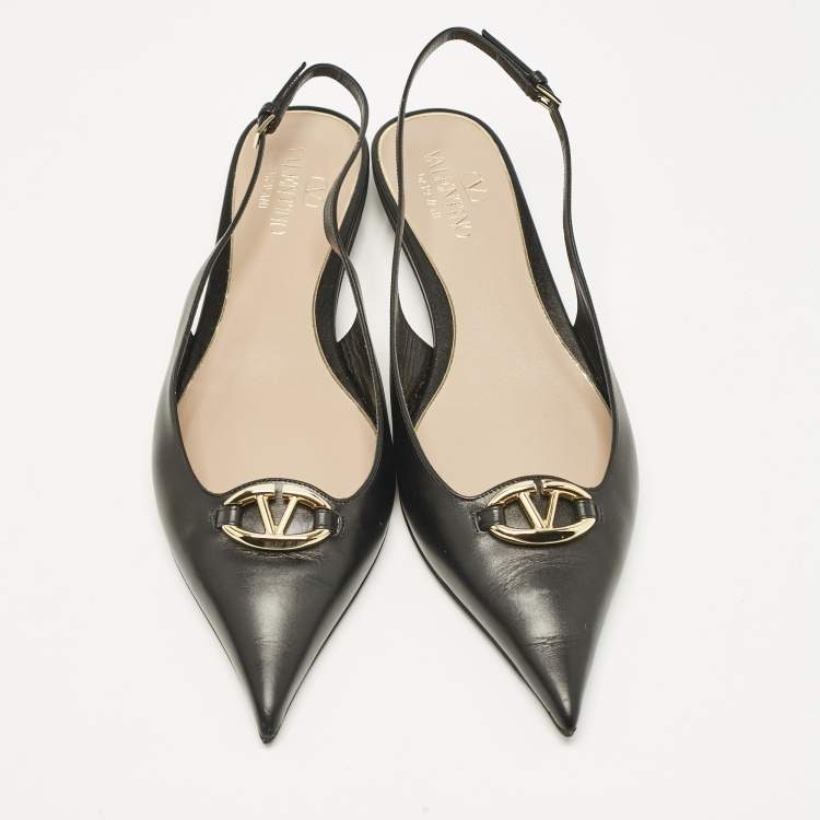 Pre Owned Valentino Black Leather V Logo Pointed Toe Slingback Flat Sandals Size 40