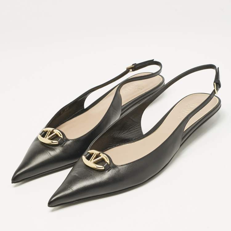 Pre Owned Valentino Black Leather V Logo Pointed Toe Slingback Flat Sandals Size 40