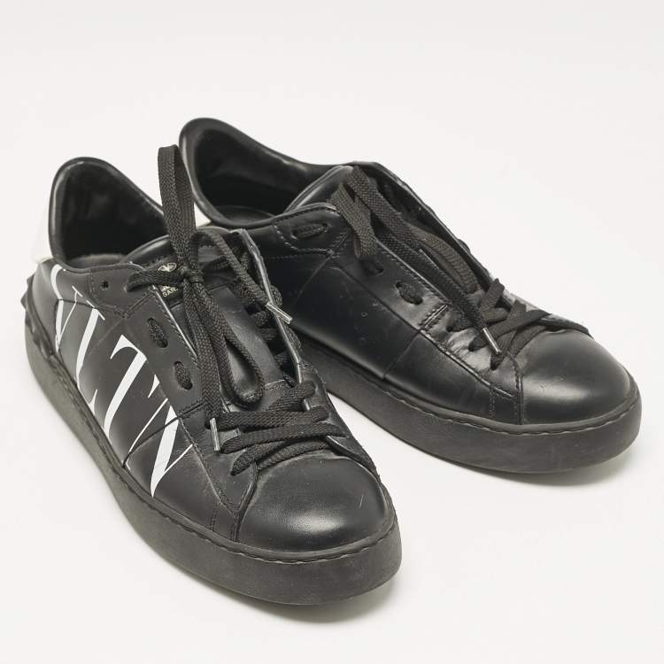 Pre Owned Valentino Black/White Leather VLTN Rockstud Low Top Sneakers Size 38.5