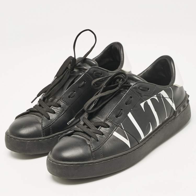 Pre Owned Valentino Black/White Leather VLTN Rockstud Low Top Sneakers Size 38.5