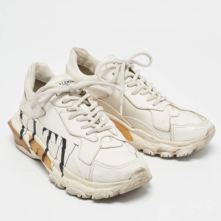 Pre Owned Valentino Cream Leather VLTN Lace Up Sneakers Size 37