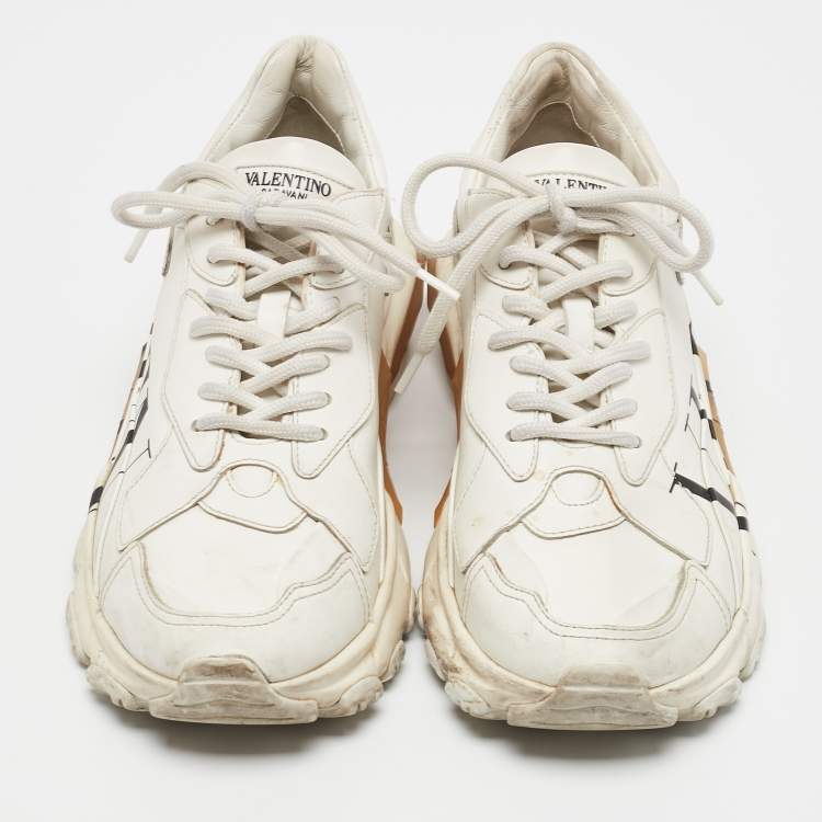 Pre Owned Valentino Cream Leather VLTN Lace Up Sneakers Size 37