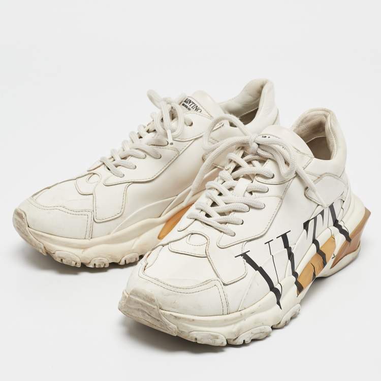 Pre Owned Valentino Cream Leather VLTN Lace Up Sneakers Size 37