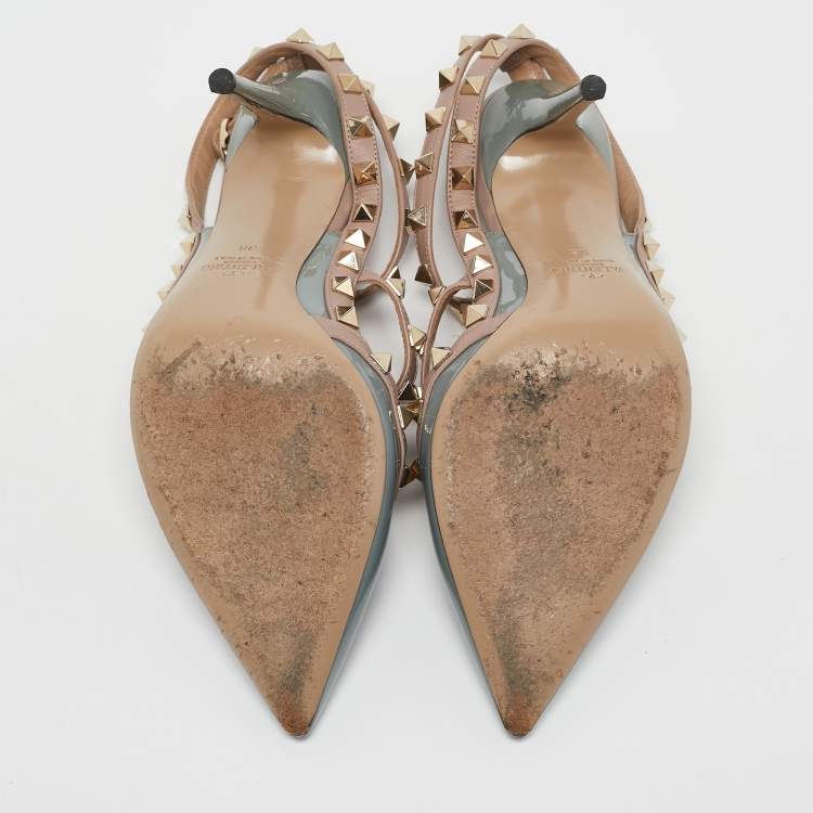 Pre Owned Valentino Pale Blue/Beige Patent Leather Rockstud Ankle Strap Pumps Size 38