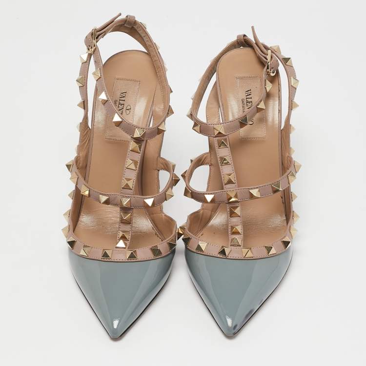 Pre Owned Valentino Pale Blue/Beige Patent Leather Rockstud Ankle Strap Pumps Size 38