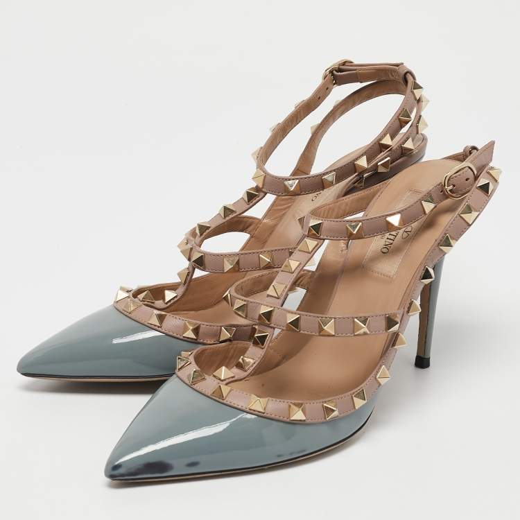 Pre Owned Valentino Pale Blue/Beige Patent Leather Rockstud Ankle Strap Pumps Size 38