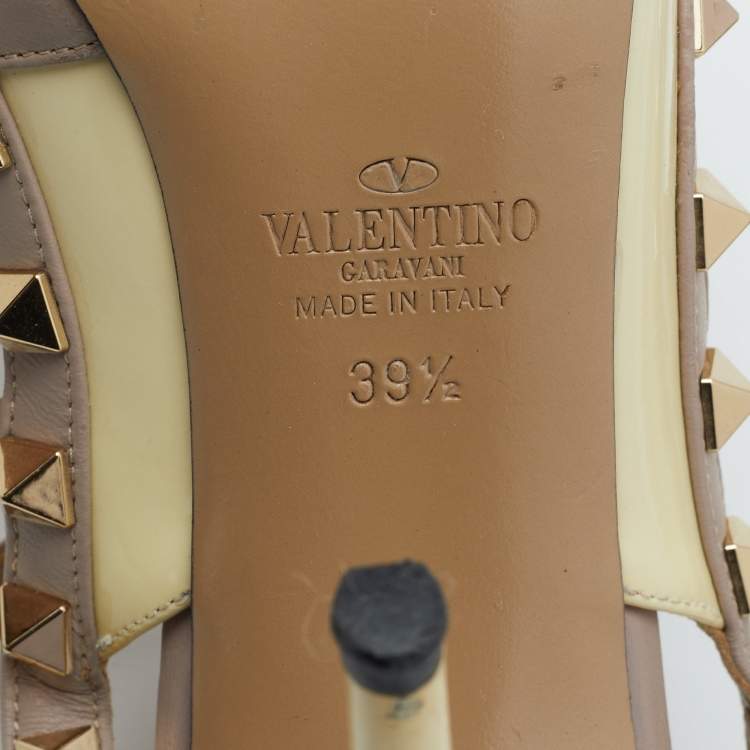 Pre Owned Valentino Beige/Pink Patent Leather and Leather Rockstud Ankle Strap Pumps Size 39.5