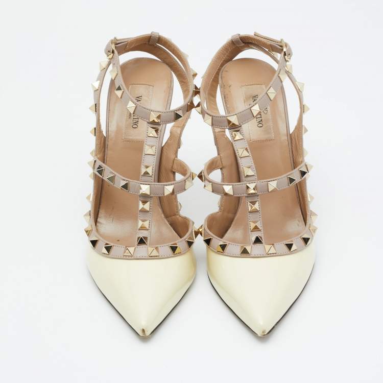 Pre Owned Valentino Beige/Pink Patent Leather and Leather Rockstud Ankle Strap Pumps Size 39.5
