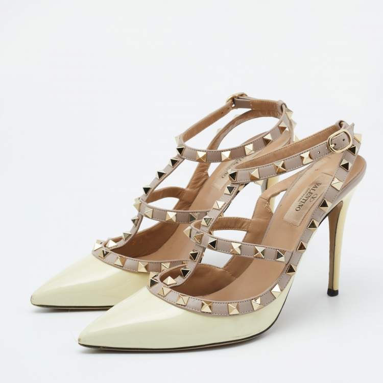Pre Owned Valentino Beige/Pink Patent Leather and Leather Rockstud Ankle Strap Pumps Size 39.5