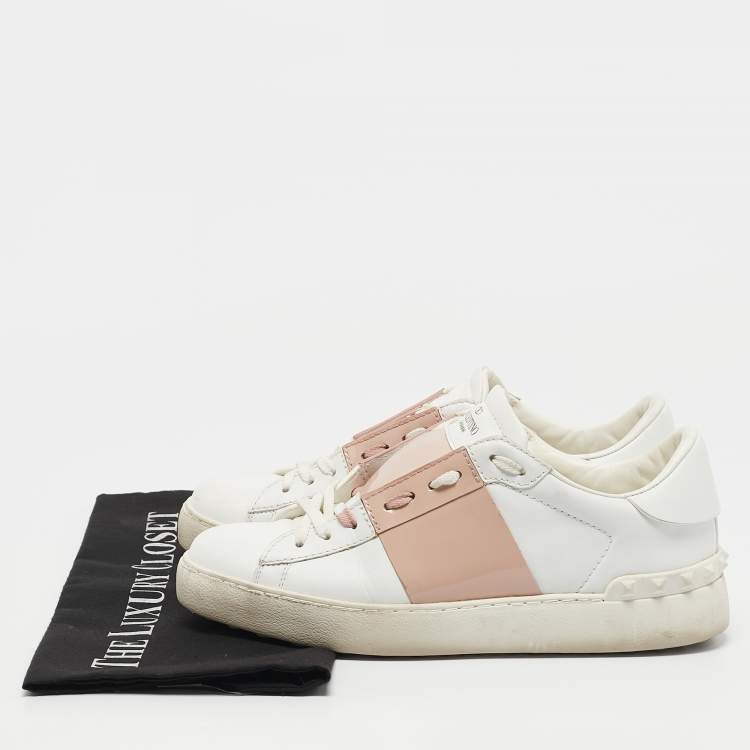 Pre Owned Valentino White/Beige Leather Rockstud Low Top Sneakers Size 38.5