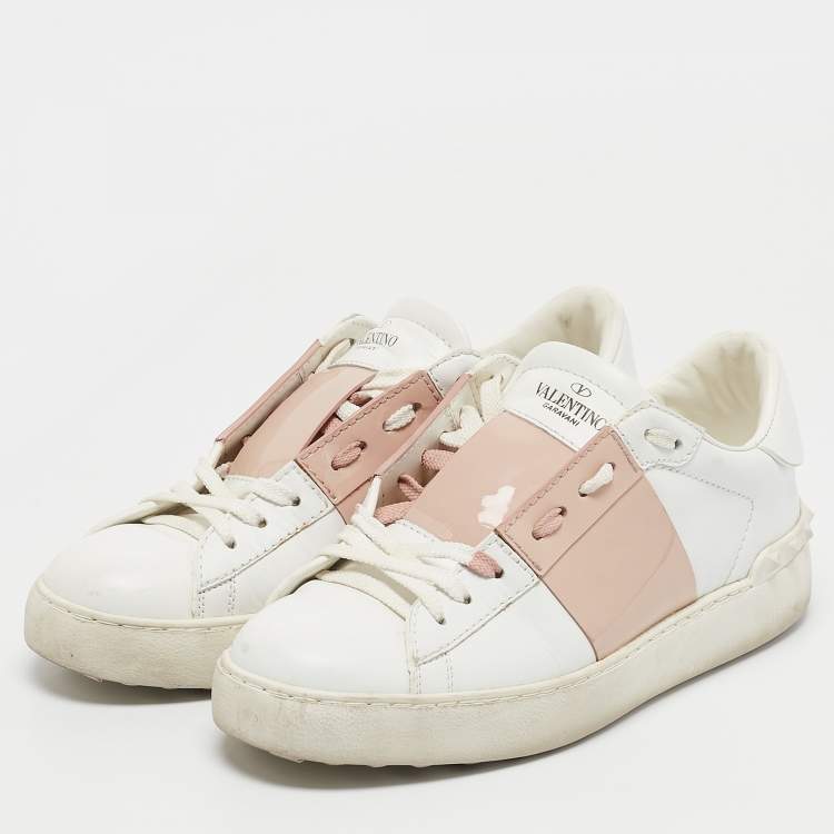 Pre Owned Valentino White/Beige Leather Rockstud Low Top Sneakers Size 38.5