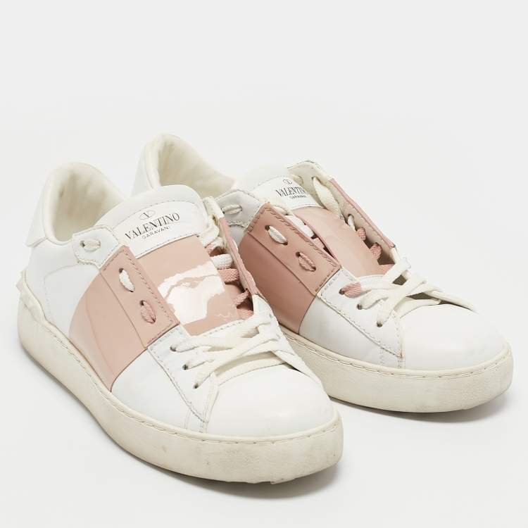Pre Owned Valentino White/Beige Leather Rockstud Low Top Sneakers Size 38.5