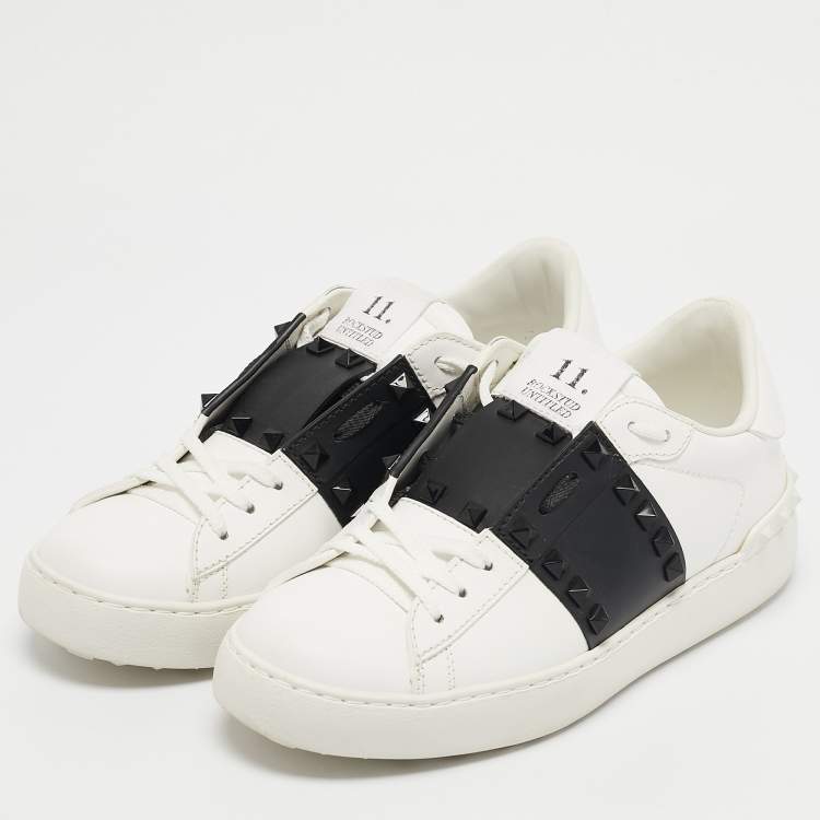 Pre Owned Valentino White/Black Leather Rockstud Low Top Sneakers Size 36.5