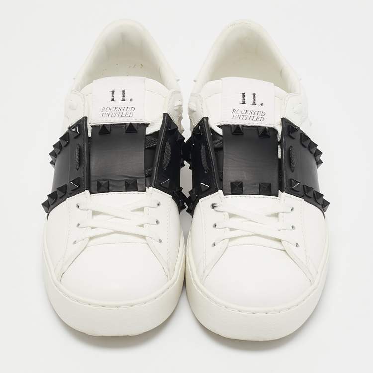 Pre Owned Valentino White/Black Leather Rockstud Low Top Sneakers Size 36.5