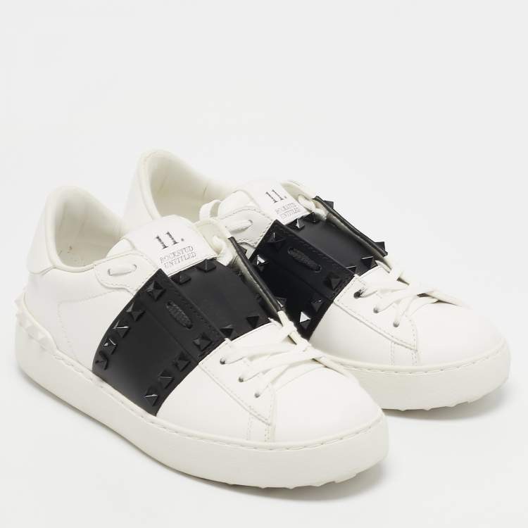 Pre Owned Valentino White/Black Leather Rockstud Low Top Sneakers Size 36.5