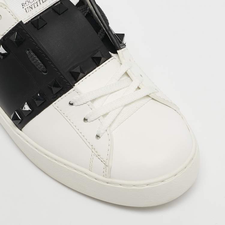 Pre Owned Valentino White/Black Leather Rockstud Low Top Sneakers Size 36.5
