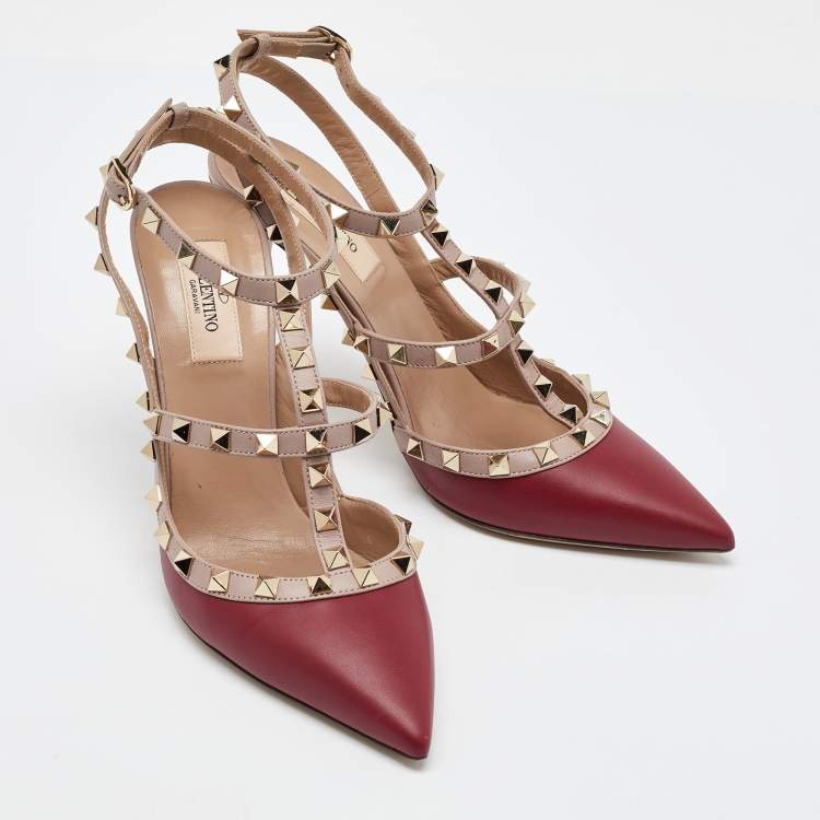 Pre Owned Valentino Red/Pink Leather Rockstud Strappy Pointed Toe Pumps Size Size 39
