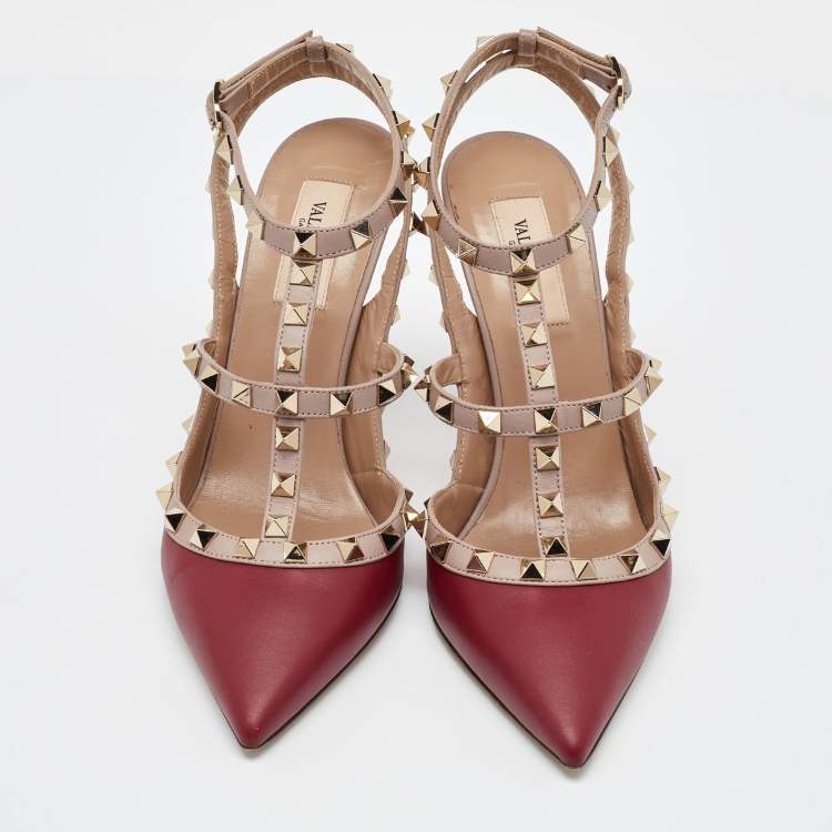 Pre Owned Valentino Red/Pink Leather Rockstud Strappy Pointed Toe Pumps Size Size 39