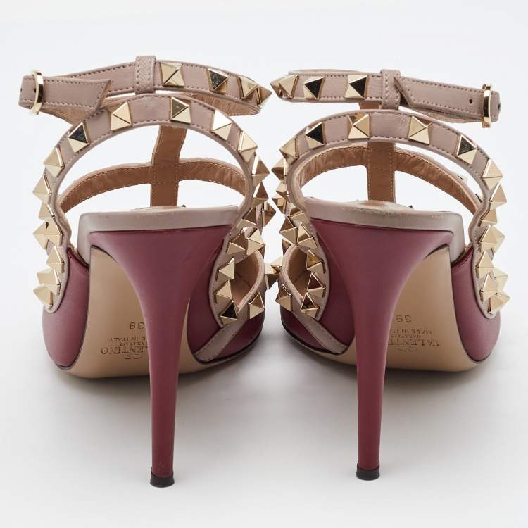 Pre Owned Valentino Red/Pink Leather Rockstud Strappy Pointed Toe Pumps Size Size 39