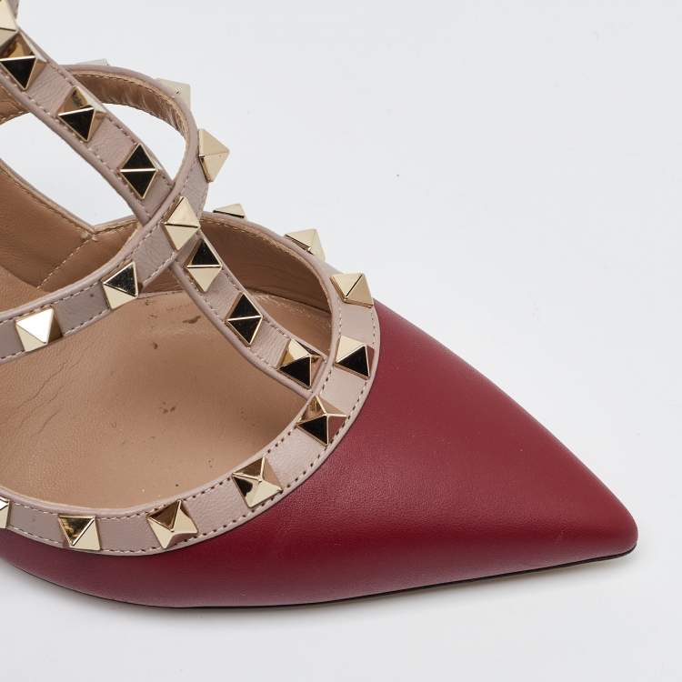 Pre Owned Valentino Red/Pink Leather Rockstud Strappy Pointed Toe Pumps Size Size 39