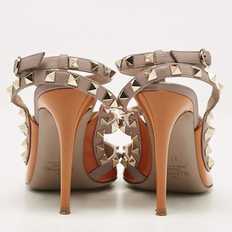 Pre Owned Valentino Yellow/Beige Leather Rockstud Ankle Strap Pumps Size 37
