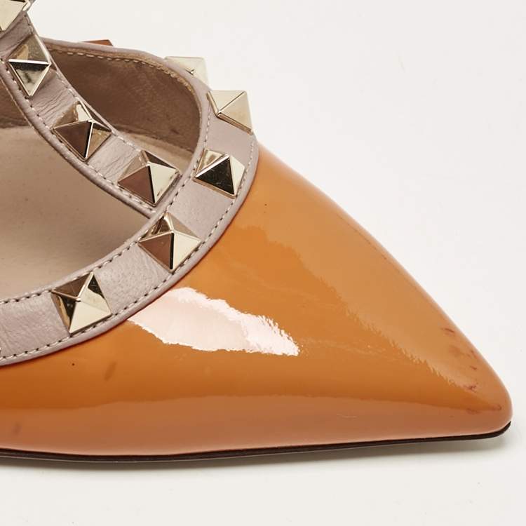 Pre Owned Valentino Yellow/Beige Leather Rockstud Ankle Strap Pumps Size 37