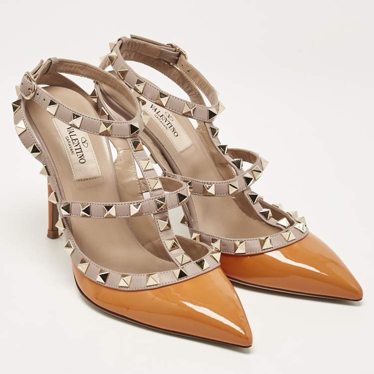 Pre Owned Valentino Yellow/Beige Leather Rockstud Ankle Strap Pumps Size 37