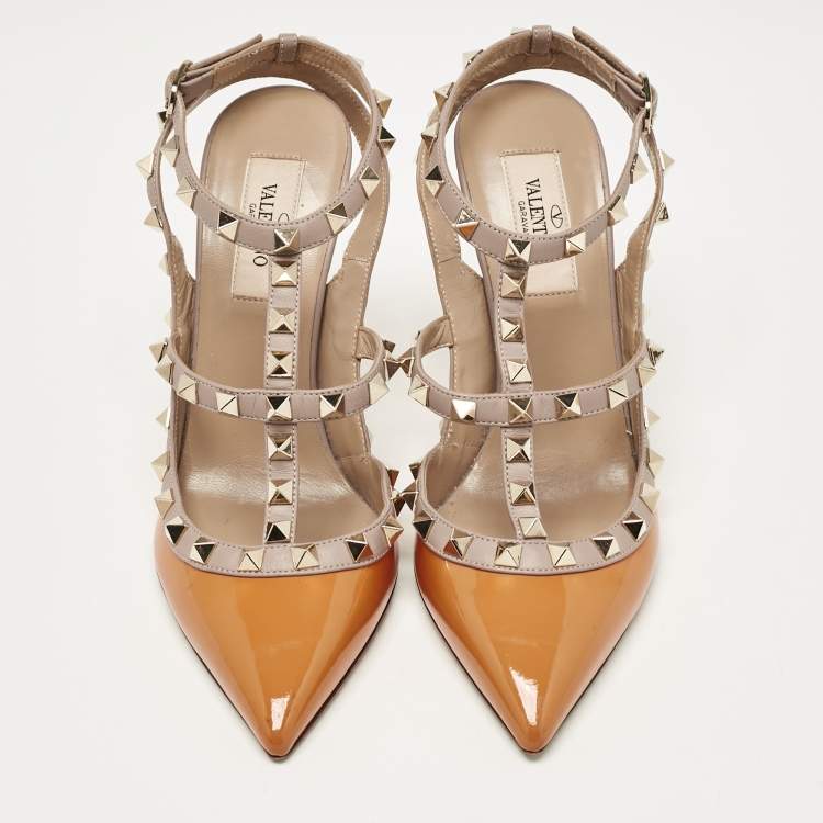 Pre Owned Valentino Yellow/Beige Leather Rockstud Ankle Strap Pumps Size 37